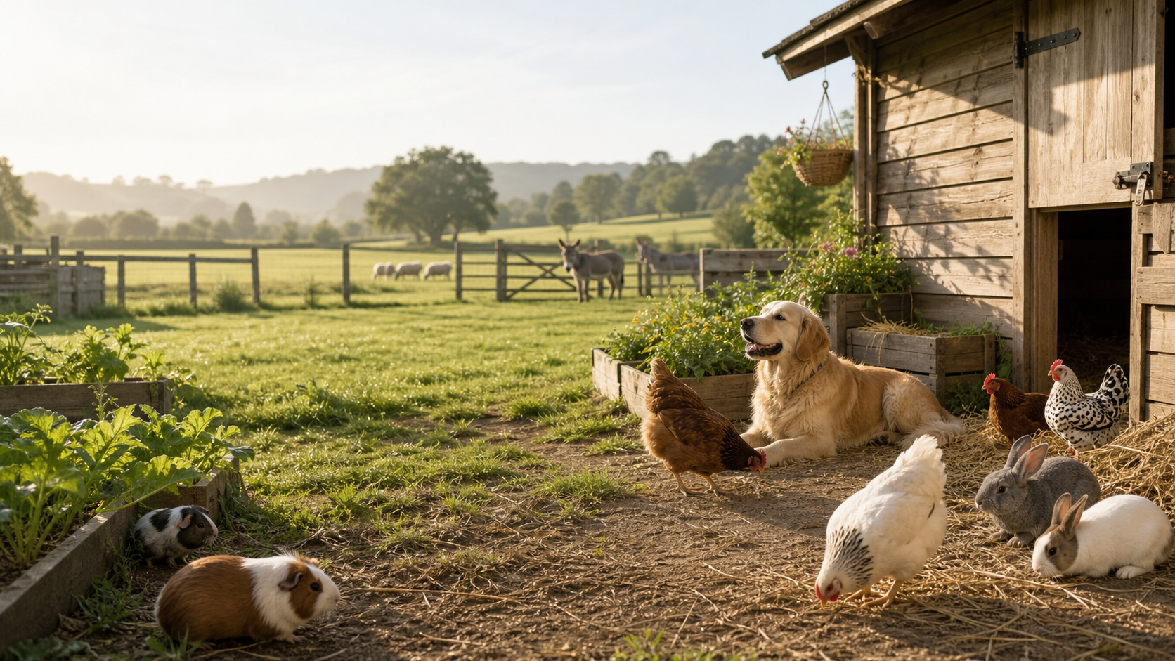 Ruhiger Farmhof mit Stall, Hund, Hühnern und Kleintieren im warmen Morgenlicht